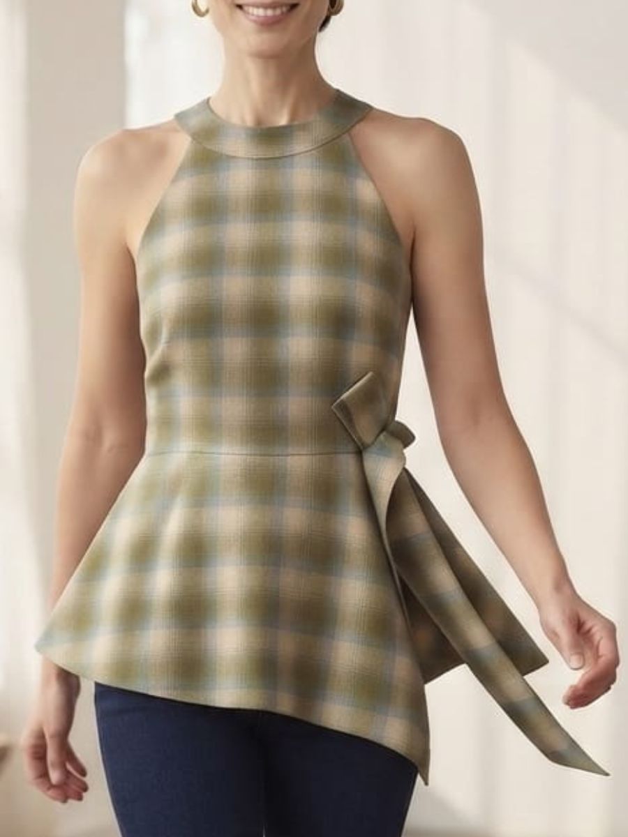 ModaFesta -elegant plaid peplum top designed with a flattering halter neckline